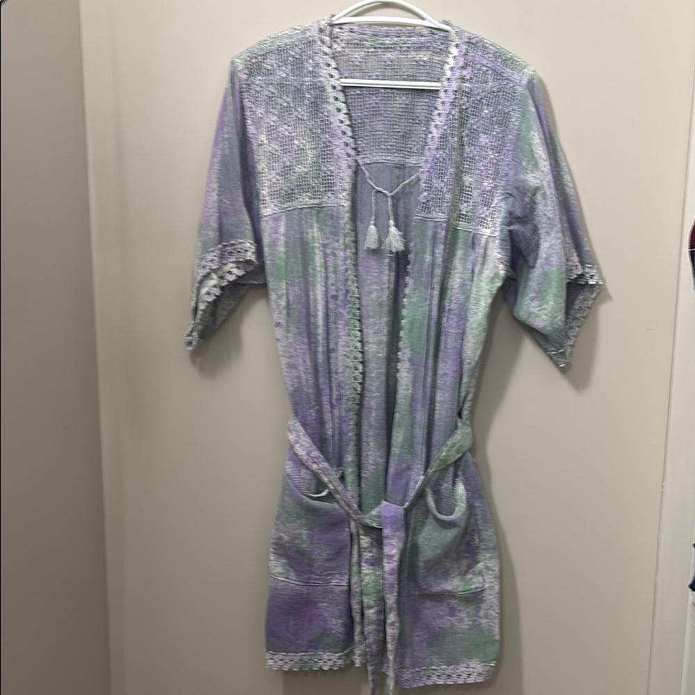Cozy Purple and Green Tie-Dye Robe with a cotton or linen blend unsure fabric